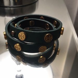 Tory Burch Green Leather & Gold Logo Bracelet